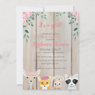Baby Girl Woodland Animals Shower Invitation