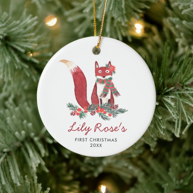 Baby Girl Woodland Fox Personalised 1st Christmas Ceramic Ornament (Tree)