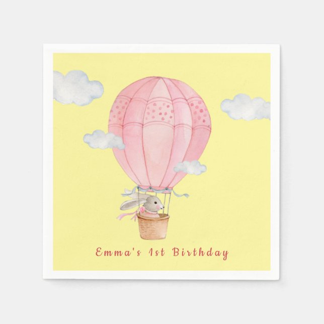 Baby Girls 1st birthday Bunny in Hot air balloon Napkin (Front)