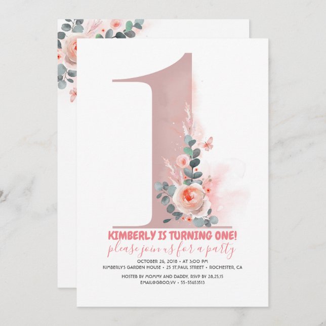 Baby Girls 1st Birthday Invitation (Front/Back)