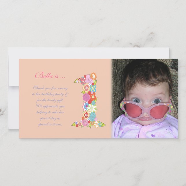 Baby Girls 1st Birthday Thank You Photo Card (Front)