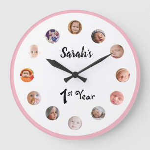Baby Girl's 1st year birthday 12 month photos Large Clock