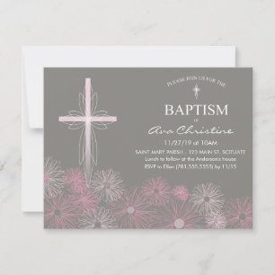 Baby Girl's Baptism Invitation with Cross, Daisies