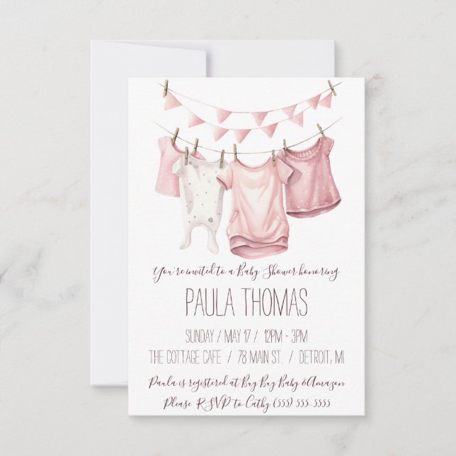 Baby Girl's Clothes Clothesline Baby Shower  Invitation (Front)