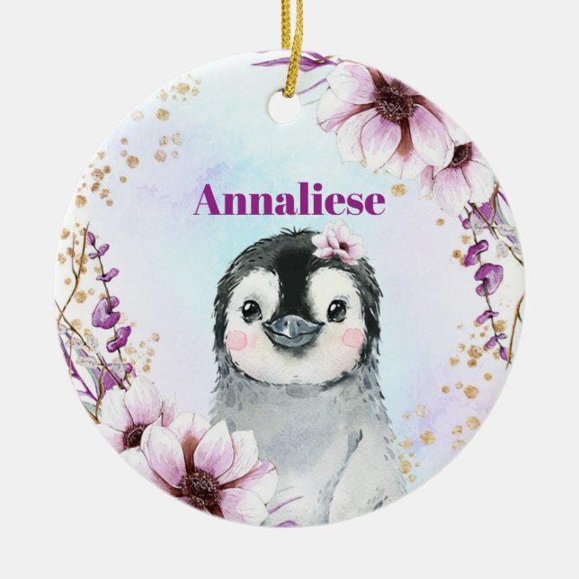 Baby Girls Cute Penguin Pink & Gold 1st Xmas Ceramic Ornament (Front)