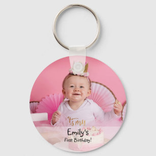 Baby girl's first birthday photo and name key ring