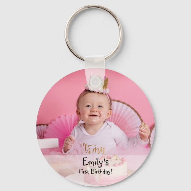 Baby girl's first birthday photo and name key ring (Front)