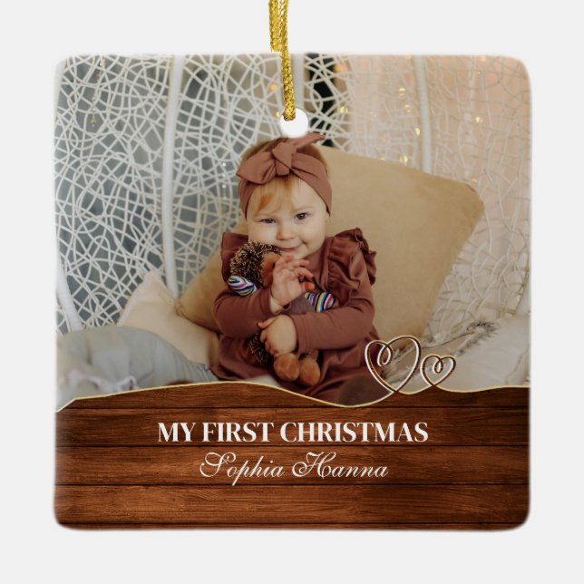 Baby Girl's First Christmas Birth Stats & Photo Ceramic Ornament (Front)