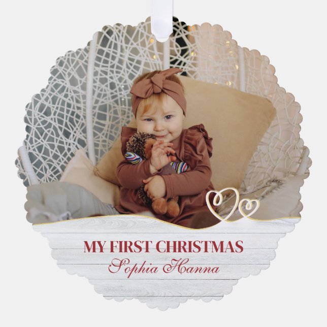 Baby Girl's First Christmas Birth Stats & Photo Tree Decoration Card (Front)