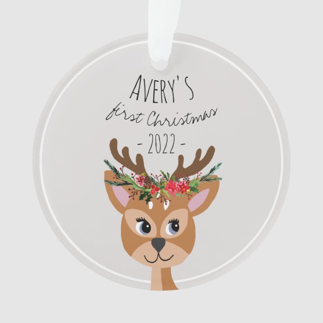 Baby Girls First Christmas Festive Reindeer & Name Ornament (Front)