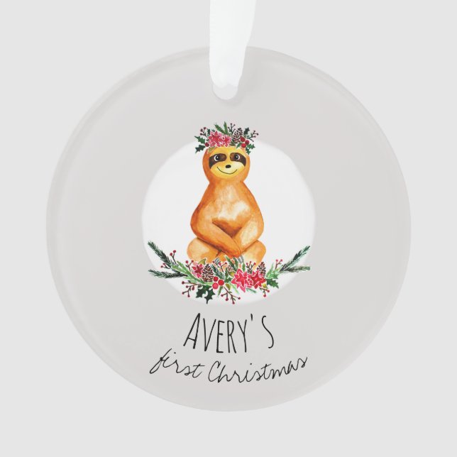 Baby Girl's First Christmas Festive Sloth and Name Ornament (Front)