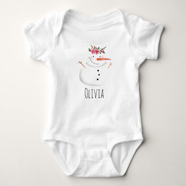 Baby Girls First Christmas Flower Snowman and Name Bodysuit (Front)