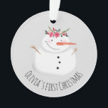 Baby Girls First Christmas Flower Snowman and Name Ornament<br><div class="desc">This adorable design features a unique and cute watercolor-style snowman wearing a Christmassy garland,  as well as space for you to personalise the item using your baby girl's name,  and add a photo. The perfect keepsake for you little one's first Christmas,  or for a snowman-loving kid!</div>