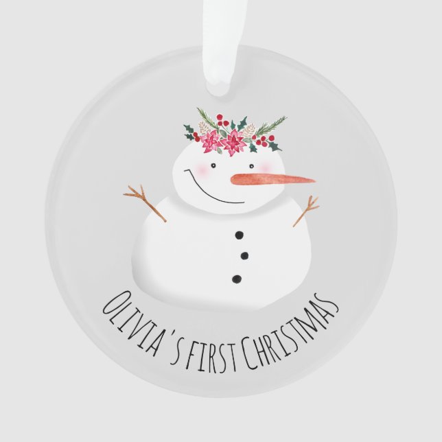 Baby Girls First Christmas Flower Snowman and Name Ornament (Front)