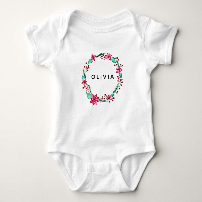 Baby Girls First Christmas Flower Wreath and Name Baby Bodysuit (Front)