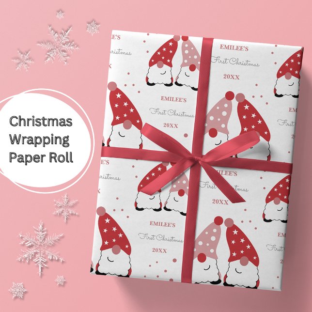 Baby Girls First Christmas Gnomes Red Pink Wrapping Paper (Creator Uploaded)