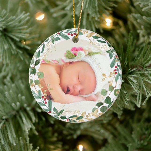 Baby girls first Christmas greenery gold elegant Ceramic Ornament (Tree)