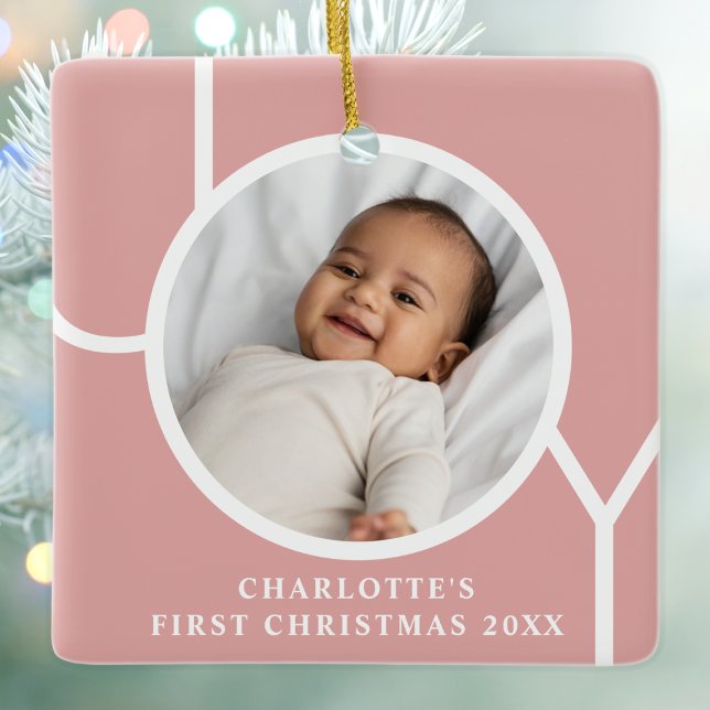 Baby Girl's First Christmas Photo Pink Ceramic Ornament (Creator Uploaded)