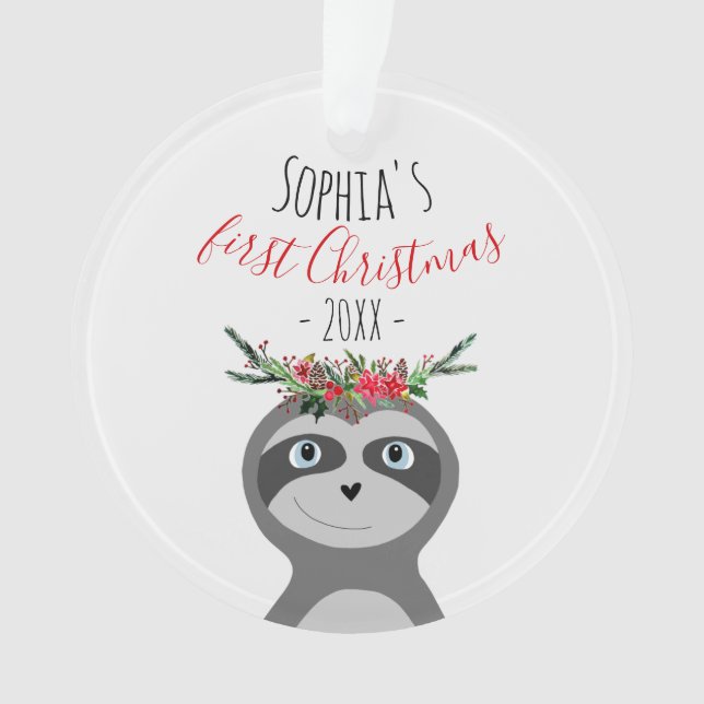 Baby Girls First Christmas Photo Sloth & Name Ornament (Front)