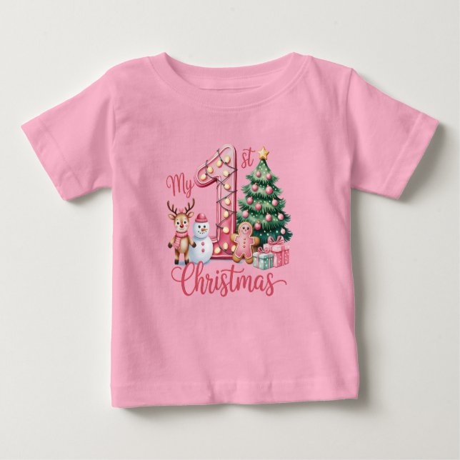 Baby Girl's First Christmas Pink Baby T-Shirt (Front)