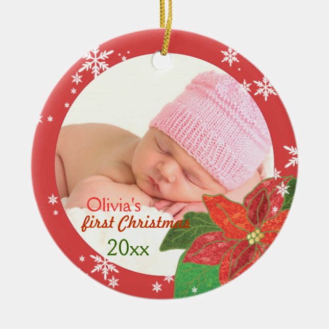 Baby Girl's First Christmas Red Photo Ornaments (Front)