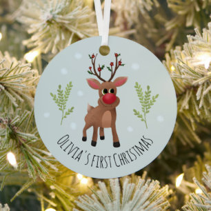 Baby Girls First Christmas Rudolph Reindeer & Snow Metal Tree Decoration