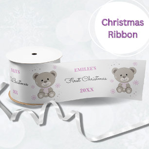 Baby Girls First Christmas Teddy Bear Pink Satin Ribbon