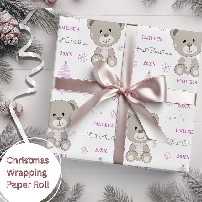 Baby Girls First Christmas Teddy Bear Pink Wrapping Paper (Creator Uploaded)