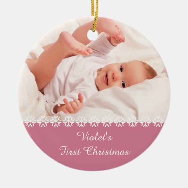 Baby Girls First Christmas w. Photo & Stats - Pink Ceramic Ornament (Front)
