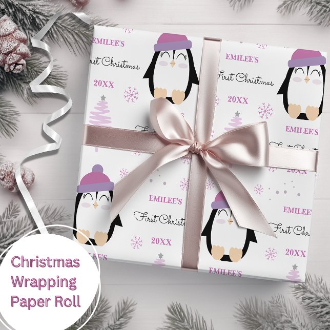Baby Girls First Christmas Winter Penguin Pink Wrapping Paper (Creator Uploaded)