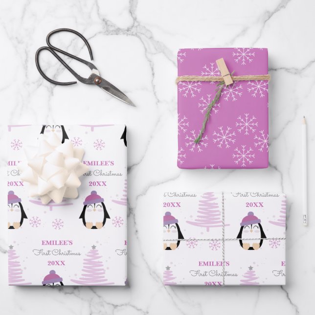 Baby Girls First Christmas Winter Penguin Pink Wrapping Paper Sheet (Front)