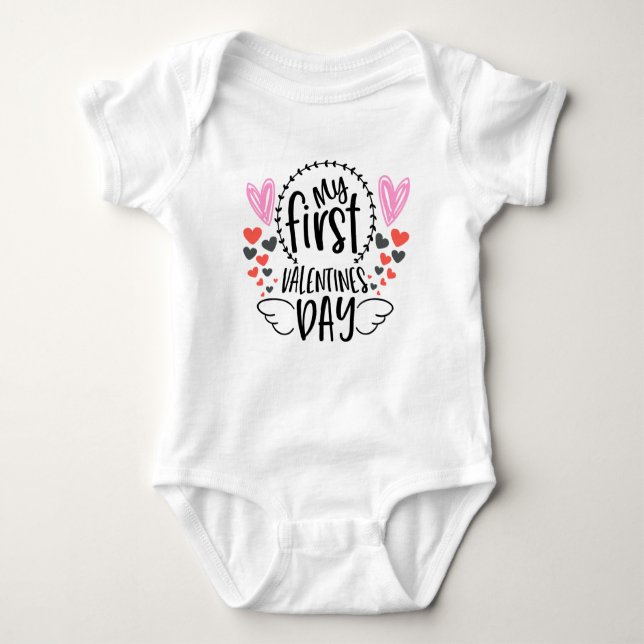 baby girls first Valentine's Day word art Baby Bodysuit (Front)