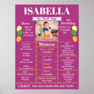 Baby Girl's Milestones First Birthday Photo Poster