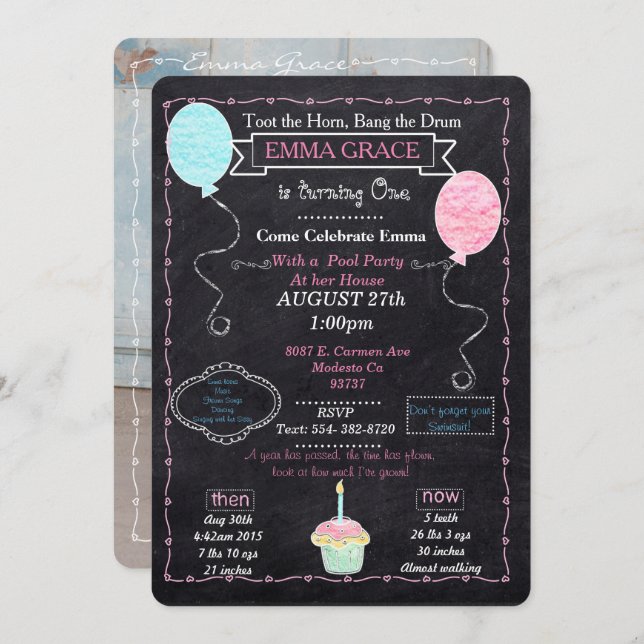 Baby Girls One year Party Invitation (Front/Back)