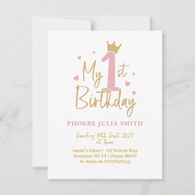 baby Girls Pink 1st birthday Invitation  (Front)