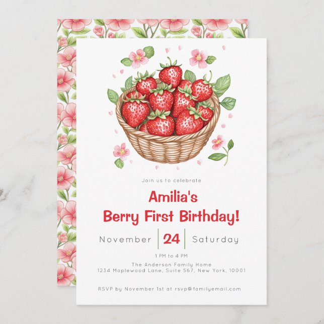 Baby Girls Strawberry Berry First Birthday  Invitation (Front/Back)