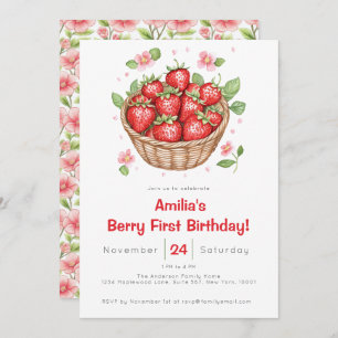 Baby Girls Strawberry Berry First Birthday Invitation
