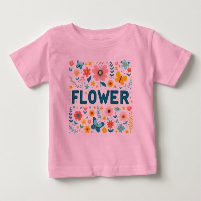 Baby Girls' T-shirt with Cute Letters and Flowers  (Front)