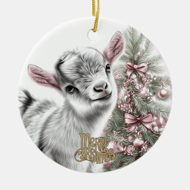 Baby Goat Christmas 14 and YOUR PHOTO Ceramic Ornament (Front)
