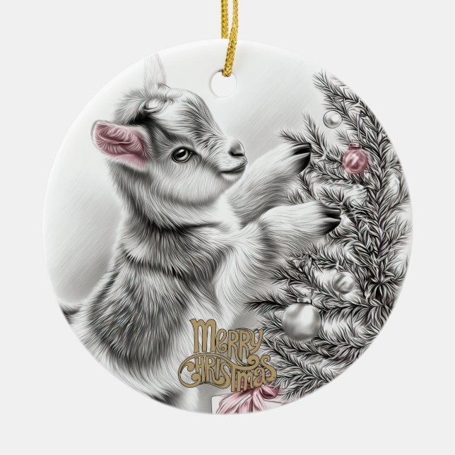 Baby Goat Christmas 8 and YOUR PHOTO Ceramic Ornament (Front)