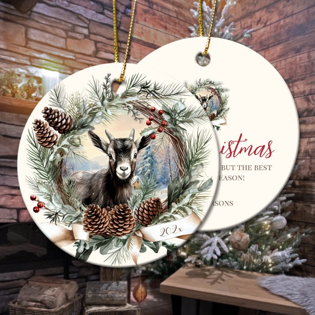 Baby goat farm animal Christmas pinecone wreath Ceramic Ornament (Black baby goat farm animal Christmas pinecone wreath Ceramic Ornament)