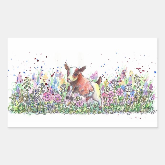 Baby Goat in Flower Field Rectangular Sticker (Front)