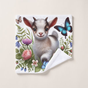 Baby Goat With Colourful Butterflies and Flowers Bath Towel Set