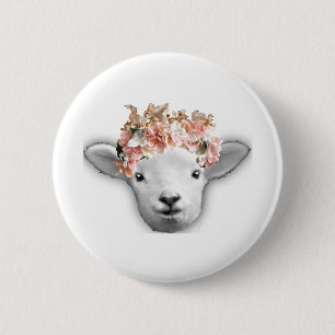 Baby goat with flower crown 6 cm round badge