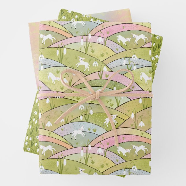 Baby Goats and Snowdrops Set of Three Spring Wrapping Paper Sheet (In situ)