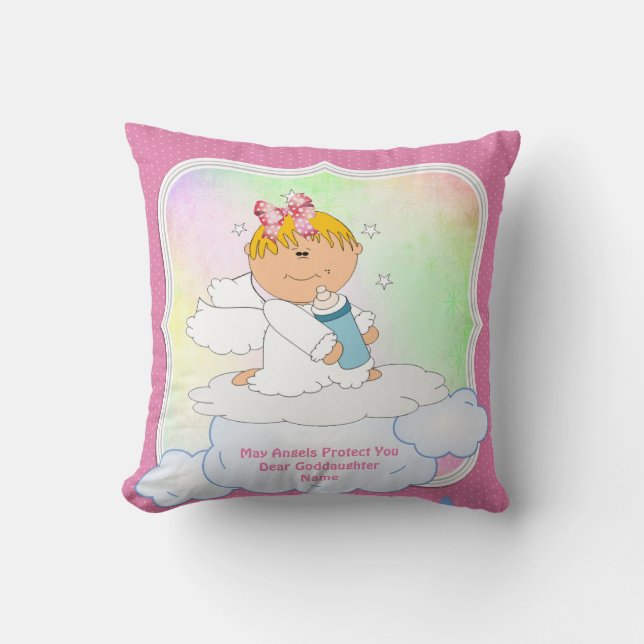 Baby Goddaughter Gift Baptism Communion Angel Pink Cushion (Front)
