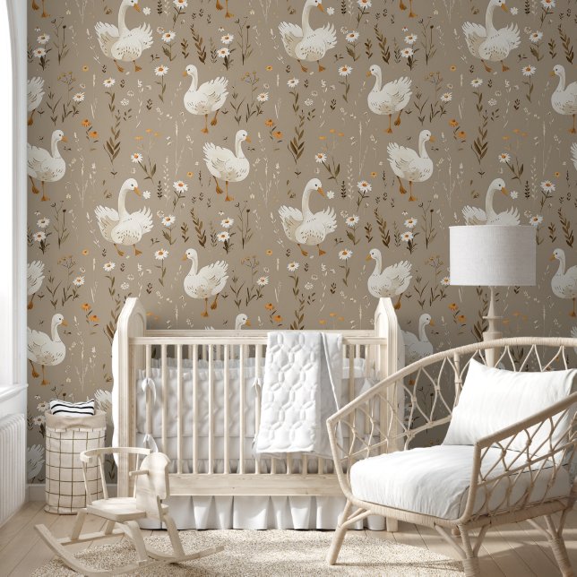 Baby Goose Taupe Nursery Wallpaper (Kids)