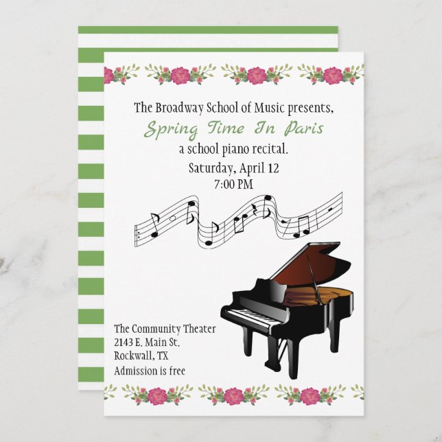 Baby Grand and Flowers Piano Recital Invitation (Front/Back)