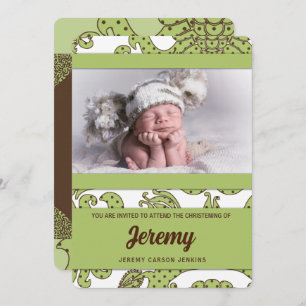 Baby Green and Brown Vintage Floral Christening Invitation