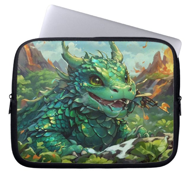Baby Green Hawaiian Fire Dragon & Volcanoes Laptop Sleeve (Front)